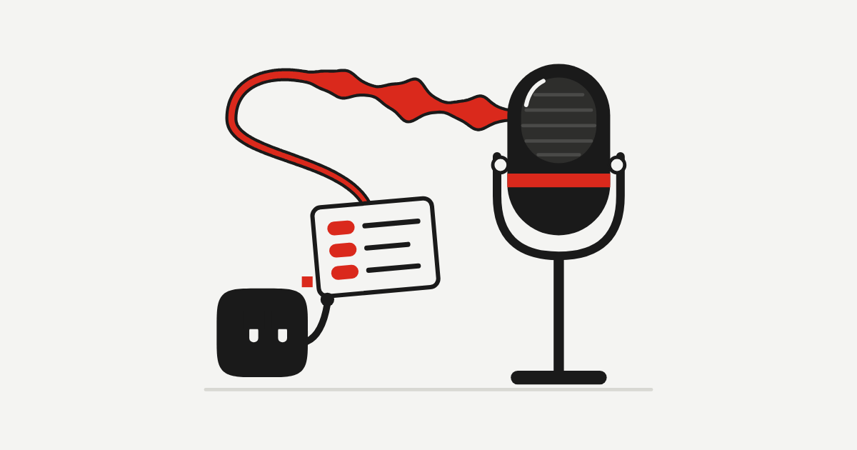 A Crew B helper holds up a direction card with three script lines, each led by a red tag. From the card a red ribbon rises, curls over and swells in three expressive phrases before flowing into a large studio microphone on a stand.