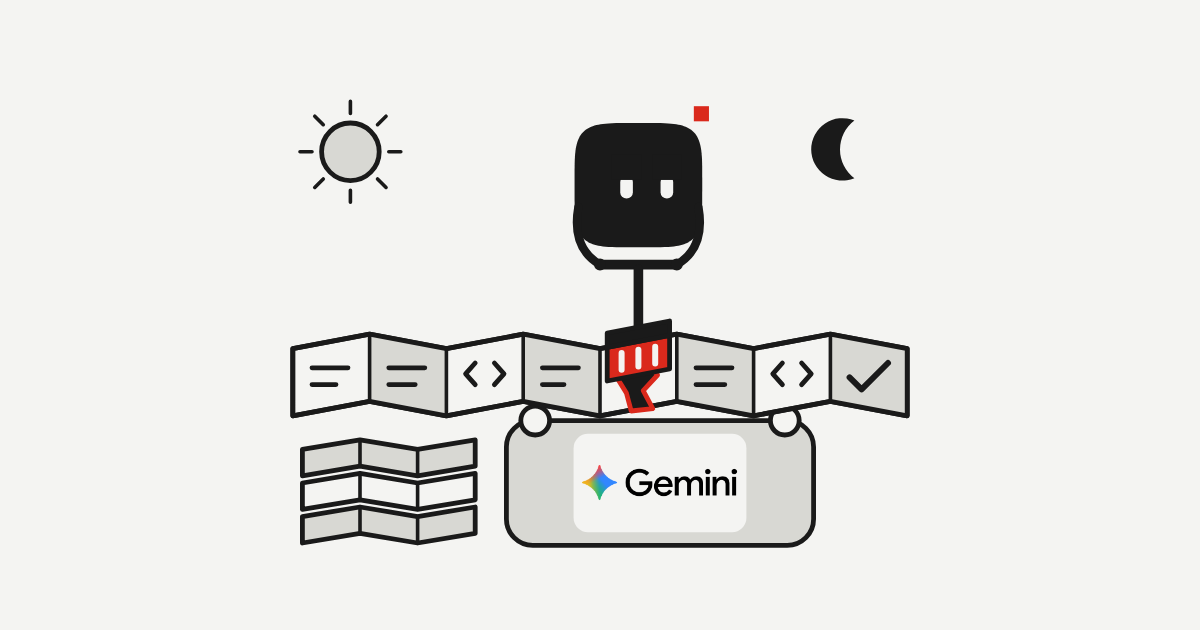 Prepare presses a stitched red patch onto a jagged break in one fold of a long concertina of code as it runs over a Gemini-labelled repair bench, while a sun and a crescent moon mark a long working stretch.