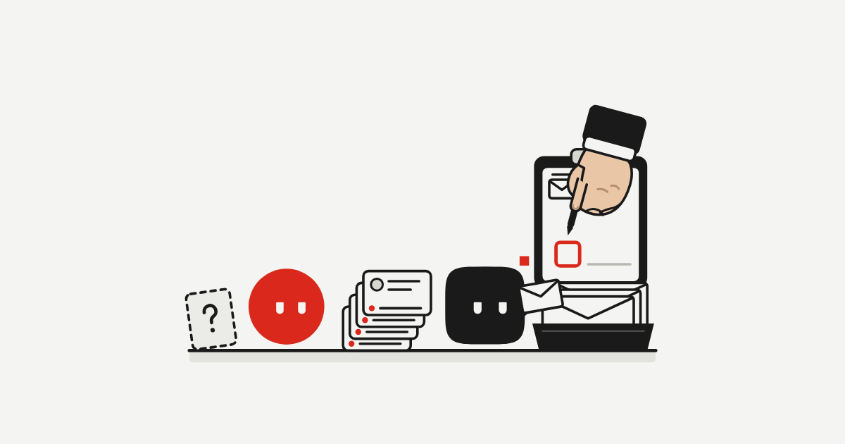 On a desk, a Crew B finder stands by a stack of matching message cards while an uncertain card leans to one side; a Crew B helper places a reply envelope into a tray of outgoing envelopes, and a human hand holds a pen above an empty checkbox on an approval slip.